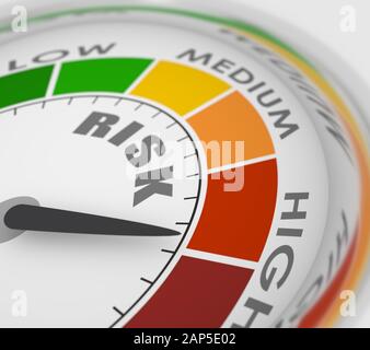 Farbskala mit Pfeil von Rot nach Grün. Das Symbol des Messgeräts. Risikoindikator. Buntes Infografieelement. 3D-Rendering Stockfoto