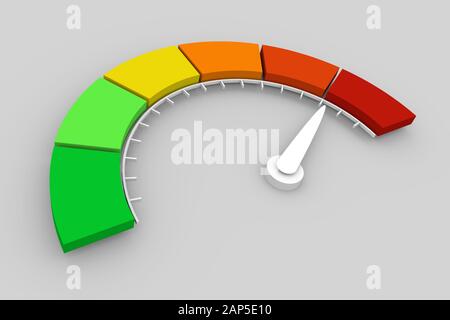 Farbskala mit Pfeil von Rot nach Grün. Das Symbol des Messgeräts. Tachometer, Tachometer, Anzeigen. Buntes Infografieelement. 3D Stockfoto