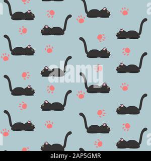 Nahtlose Hand gezeichnet schwarze Katze und Footprint Muster. Niedliche Tier Karikatur Hintergrund Vektor-illustration wiederholen. Stock Vektor