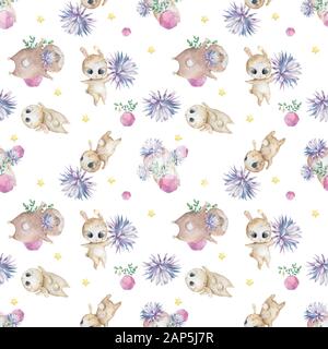 Ostern nahtlose Muster-Design mit Hasen Süße Aquarell bunte Illustration mit blauen Blumen und Hase auf weißem Hintergrund. Babykrippe Stockfoto