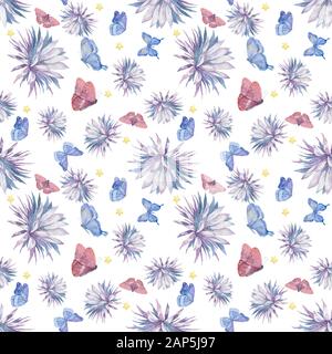 Kaktusblüte, Geringe Schärfentiefe. Hübsche, farbenfrohe Illustration in Wasserfarbe mit Schmetterlingsblau und rosafarbenem Hintergrund, Nahtloses Muster Orchid Stockfoto