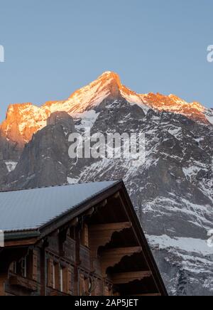 Wetterhorn Berg im Hintergrund mit einer Dachterrasse eines lokalen Chalet-Hotels im Vordergrund. Fotografiert in der Abenddämmerung mit der Sonne, die vom Gipfel reflektiert wird. Stockfoto