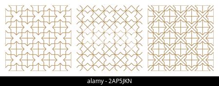 Nahtlose abstrakte geometrische Muster auf traditionelle arabische Kunst. Braun durchschnittliche Linien. Eine Reihe von drei Muster. Stock Vektor