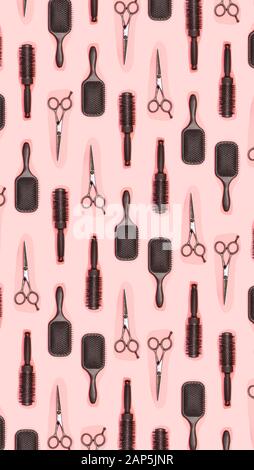 Flach Zusammensetzung mit Friseur auf rosa Hintergrund gesetzt. Frisier-set mit Werkzeugen und Ausrüstung: Scheren, Kämme und Haarspangen. Friseur und Beau Stockfoto