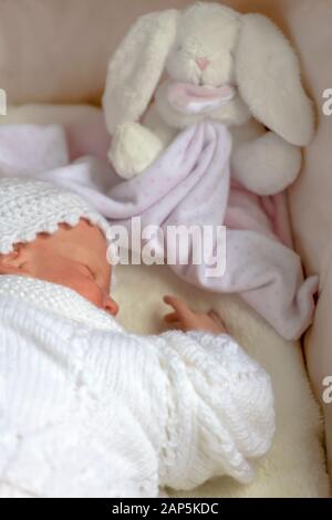 Wiedergeborene Babypuppe, die mit einem kleinen Spielzeug im Hintergrund schläft, selektive Fokussierung auf Werbetexte Stockfoto