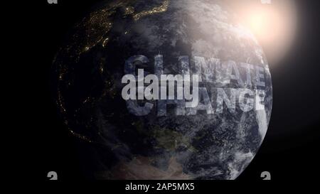 Klimawandel in 3D auf einer sich drehenden realistischen Erde geschrieben Stockfoto