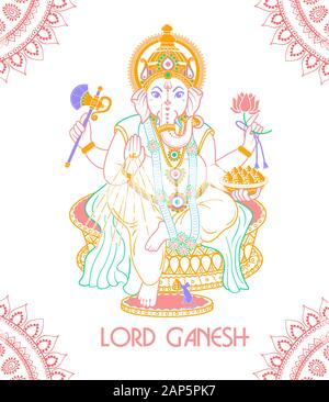 Lord Ganesh. Ganesh Puja. Ganesh Chaturthi. Es ist für Postkarten, Kunstdrucke, Textilien, Tattoo verwendet. Stock Vektor