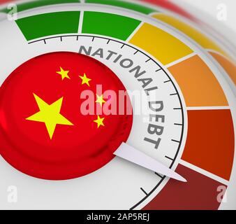 Das Cholesterinmessgerät hat ein hohes Niveau der Staatsverschuldung gemessen. Farbskala mit Pfeil von Rot nach Grün. Das Symbol des Messgeräts. Bunte Infografik g Stockfoto