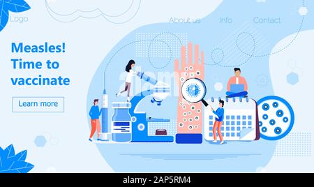 Masern, rubeola Impfung. Zeit zu impfen. Spritze mit Impfstoff, Flasche, Kalender und Ärzte. Winzige Ärzte machen. Moderne Vektor Stock Vektor
