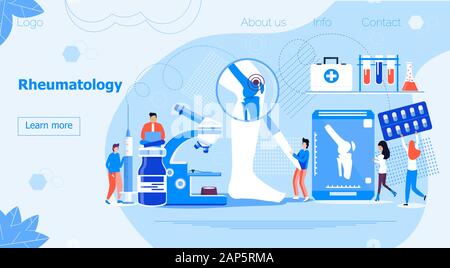 Rheumatologie Konzept für die Website. Winzige Rheumatologen behandeln Rheuma, Arthrose. Arthritis flachbild Konzept Vektor auf dem blauen Hintergrund für Stock Vektor