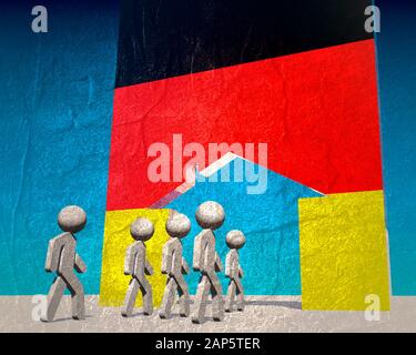 Bild im Verhältnis zur Migration von Afrika und Asien zur Europäischen Union. Flagge Deutschlands. 3D-Rendering Stockfoto