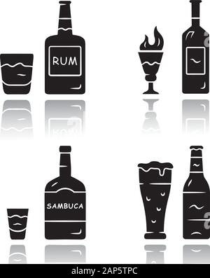Getränke Schatten schwarz Glyphe Symbole gesetzt. Rum, Absinth, Sambuca, Bier. Flaschen und Getränke in Gläsern. Erfrischung alkoholische Flüssigkeit für Party und c Stock Vektor