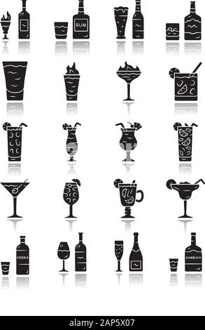 Getränke Schatten schwarz Glyphe Symbole gesetzt. Alkohol Speisekarte. Getränke für Cocktails. Whiskey, Rum, Wein, Martini, Margarita, Absinth. Geist enthalten Stock Vektor