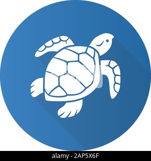 Turtle Blaue flache Bauweise lange Schatten glyph Icon. Langsam fahrende Reptil mit schuppiger Shell. Unterwasser Aquatic Animal. Schwimmen Ozean Kreatur. Ozeanographie Stock Vektor