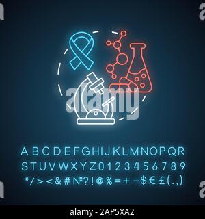 Apotheke Neon Licht Konzept Symbol. Onkologie Medikamente Forschung Idee. Entdecken Drogen. Pharmakologie und Biochemie. Leuchtende Zeichen mit Alphabet, num Stock Vektor