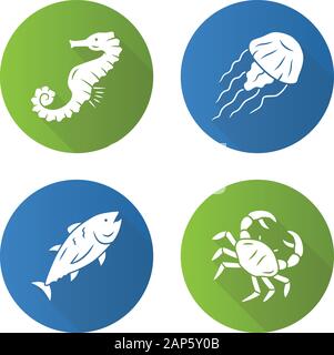 Meer Tiere flache Bauweise lange Schatten Glyphe Symbole gesetzt. Schwimmen Thunfisch, Krabben, Seepferdchen, Quallen. Seafood Restaurant Menü. Marine Fauna. Unterwasserwelt i Stock Vektor