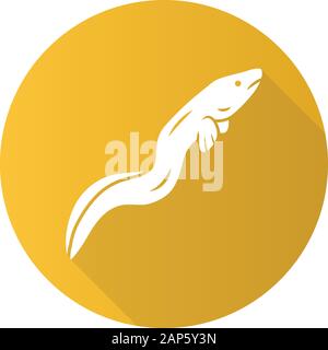 Aal gelb flache Bauweise lange Schatten glyph Icon. Floating snakelike Fisch. Meer unterwasser Tier mit glatter Haut. Asiatische Meeresfrüchte, Sushi Zutat. Schlange Stock Vektor