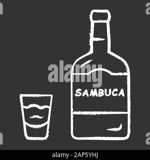 Sambuca chalk Symbol. Flasche und Glas mit Getränk. Italienische Likör mit Anis. Alkoholische Getränke Cocktails getrunken, gerade. Isolierte v Stock Vektor