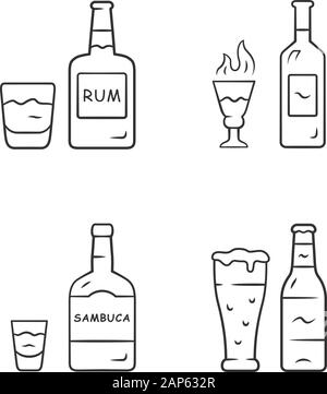 Getränke lineare Symbole gesetzt. Rum, Absinth, Sambuca, Bier. Flaschen und Getränke in Gläsern. Erfrischung alkoholische Flüssigkeit. Thin Line Kontur Symbole. Isol Stock Vektor