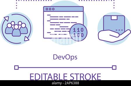 DevOps Konzept Symbol. Entwicklung und Betrieb. Zusammenarbeit für die Kodierung erforderlich. Beziehung in der Entwicklung team Idee, dünne Linie Abbildung. Vektor Stock Vektor