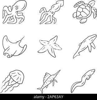 Meer Tiere lineare Symbole gesetzt. Schwimmen Kraken, Seesterne, Tintenfisch, Quallen. Marine Aquarium. Wasserbewohner. Thin Line Kontur Symbole. Isolat Stock Vektor