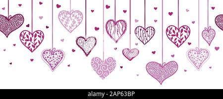 Süße handgezeichnete hängende Doodle Herzen horizontal nahtloses Muster, romantischer Hintergrund, ideal für Textilien, Valentinstag Umhüllung, Banner, Tapete Stockfoto