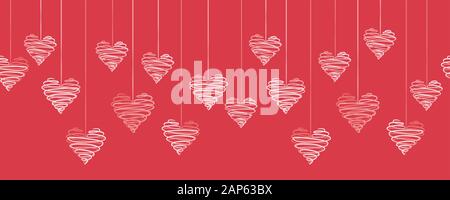 Süße handgezeichnete hängende Doodle Herzen horizontal nahtloses Muster, romantischer Hintergrund, ideal für Textilien, Valentinstag Umhüllung, Banner, Tapete Stockfoto