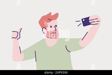 Selfie Flachbild vector Abbildung darstellen. Glückliche Menschen Aufnehmen von Fotos. Lächelnd Kerl mit Handy Fotografie. Die self portrait in Smartphone geliefert wurde. Stock Vektor