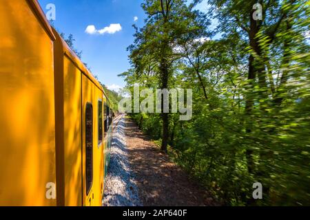 Zugfahrt, Blick aus dem Fenster. Alte Zug passiert grüne Vegetation. Blick aus dem Fenster. Anreise mit der Bahn bis Sonnenuntergang. Sunset Landschaft und ein Zug gil Stockfoto