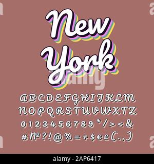 New York vintage 3d Vektor Schriftzug. Retro Schrift in Fettdruck, Kursiv Schrift mit Regenbogen Schatten. Pop Art stilisierten Text. Old School Style Buchstaben, Zahlen, Stock Vektor