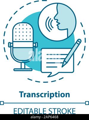 Transkription blau Konzept Symbol. Audiodateien Umwandlung in Text Format Idee dünne Linie Abbildung. Darstellung von Sprache in schriftlicher Form. Vect Stock Vektor