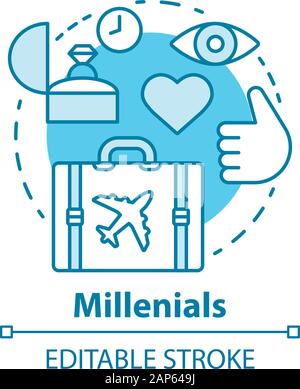 Millennials Konzept Symbol. Altersgruppe Idee dünne Linie Abbildung. Reisen. Leben Ziele und Zwecke. Classic Lifestyle. Echo boomers. Vektor isoliert Stock Vektor
