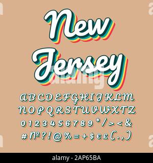 New Jersey vintage 3d Vektor Schriftzug. Retro Schrift in Fettdruck, Kursiv Schrift mit Regenbogen Schatten. Pop Art Stil Buchstaben, Zahlen, Symbolen pack. 90 s, 80 s t Stock Vektor