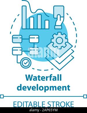 Wasserfall Entwicklungskonzept Symbol. Phasen des Projekts. Strategie Management. Workflow administration Idee dünne Linie Abbildung. Vektor iso Stock Vektor