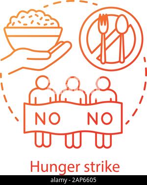 Hungerstreik Konzept Symbol. Freiwillige Essen verweigern, gewaltfreien Protestes Idee dünne Linie Abbildung. Die Demonstranten mit Banner, Reis und Geschirr Vektor i Stock Vektor