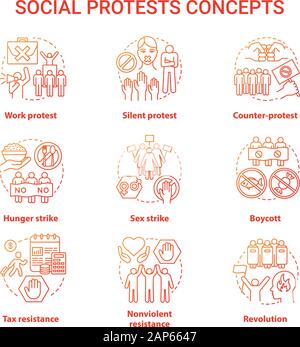 Soziale Proteste Konzept Symbole gesetzt. Öffentliche Opposition, zivilen Ungehorsam Idee dünne Linie Illustrationen. Der politische Widerstand und Streiks Vektor isolieren Stock Vektor