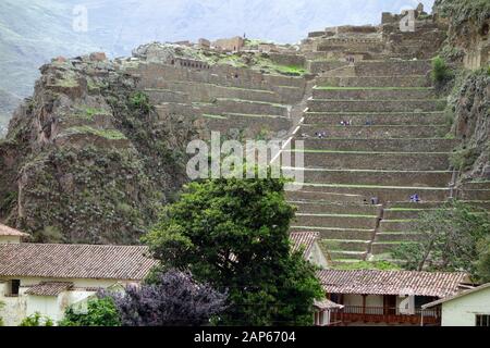 Terrassen von Pumatallis, Inka-Ruinen, archäologische Stätte, Ollantaytambo, Provinz Urubamba, Region Cusco, Peru, Südamerika Stockfoto