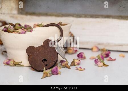 Verrostetes Teddybärschloss mit getrockneten Rosen und Keramikschale Stillleben Stockfoto