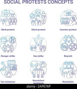 Soziale Proteste Konzept Symbole gesetzt. Öffentliche Demonstrationen, Aktionen zivilen Ungehorsams Idee dünne Linie Illustrationen. Der politische Widerstand und Streiks Vektor iso Stock Vektor