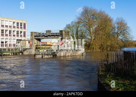 Das Melksham Gate Schleusentor und das Wehr bei hohen Wasserständen - das Wehr ist nicht sichtbar, da es durch den steigenden Wasserstand vollständig unterspült wurde Stockfoto