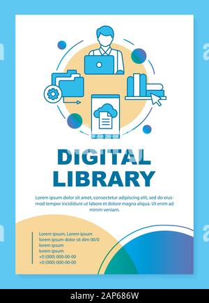 Digitale Bibliothek Plakat Vorlage, Layout. Banner, Broschüre, Faltblatt print Design mit linearen Symbolen. Online e-Bibliothek. Web App für das Lesen. Vektor brochur Stock Vektor