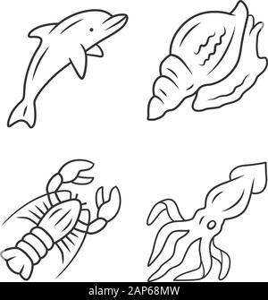Ozean Tiere lineare Symbole gesetzt. Dolphin, Tintenfisch, Hummer, Triton. Unterwasser Einwohner. Meeresfauna. Aquatischen Lebewesen. Thin Line Kontur Symbole. Isola Stock Vektor