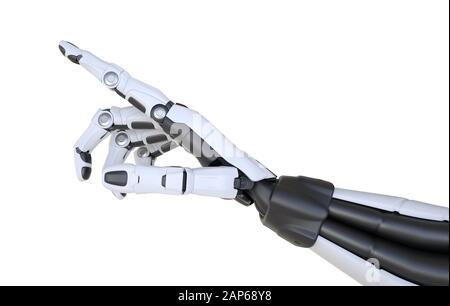 Roboterhand zeigt auf Weiß isoliert. 3D-Darstellung Stockfoto