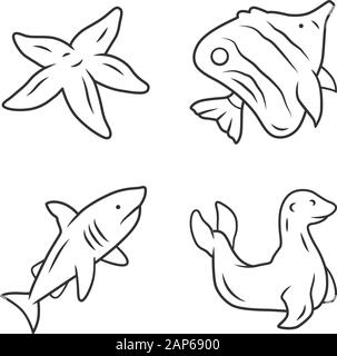Meer Tiere lineare Symbole gesetzt. Seesterne, Falterfische, Shark, Dichtung. Ozean Tierwelt. Fischarten. Unterwasserwelt. Thin Line Kontur Symbole. Isoliert Stock Vektor
