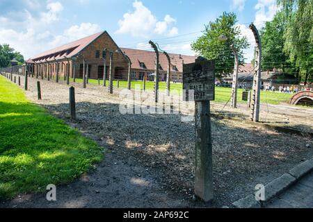 Elektrozaun im ehemaligen NS-Konzentrationslager Auschwitz I, Polen Stockfoto