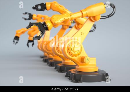 Industrielle Roboter Arme in einer Reihe. 3D-Illustration, 3D-Rendering Stockfoto