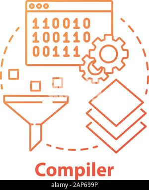 Compiler Konzept Symbol. Software Entwicklung. Maschinensprache. Programmierung. Filtern von Daten. Computer code Übersetzung Idee dünne Linie Abbildung. Vec Stock Vektor