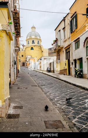 Procida, ITALIEN - 4. JANUAR 2020 - Blick auf das Heiligtum von S. Maria delle Grazie an der Straße, die zum Dorf Corricella führt Stockfoto