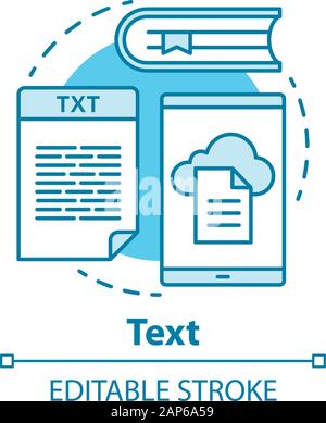 Text Konzept Symbol. Verschiedene Arten von Textinformationen Idee dünne Linie Abbildung. Bücher, Nachrichten, Werbung. Dokumente und Dateien, Artikel. Vec Stock Vektor