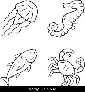 Meer Tiere lineare Symbole gesetzt. Schwimmen Thunfisch, Krabben, Quallen. Seafood Restaurant. Marine Fauna. Unterseeischen Bewohner. Thin Line Kontur Symbole. Isola Stock Vektor